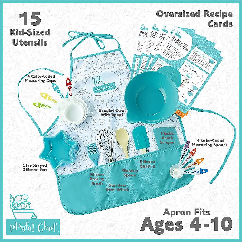 MindWare Playful Chef: Deluxe Kid-Sized Utensils Cooking Set with Apron for Kids – Ages 4 & up – 23 piece set, 3 of 5