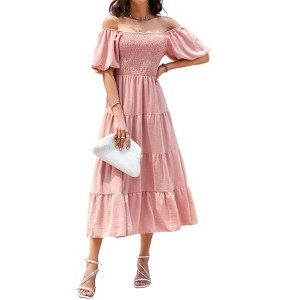 Coolmee Women's Summer Puff Short Sleeve Maxi Dress Square Neck Smocked Tiered Ruffle Long Flowy Beach Dresses - 1 of 4