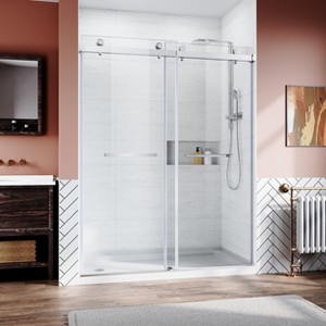 56-60"Wx76"H Frameless Door, 3/8" Transparent Tempered Glass Bypass Sliding Doors, Heavy-Duty Stainless Steel Hardwares, Chrome-Plating Surface - 1 of 4