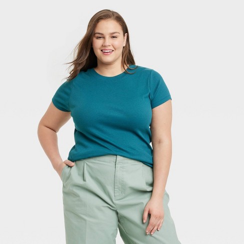 Women's Short Sleeve Slim Fit Ribbed T-Shirt - A New Day™ Teal XXL
