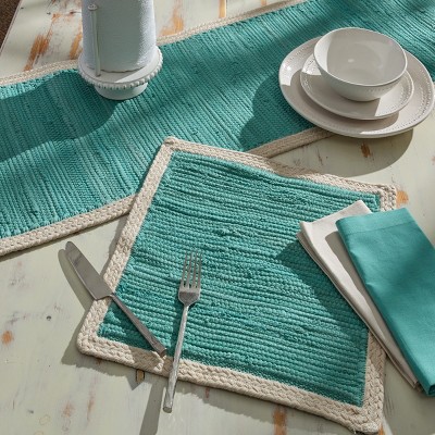 Sea Spray Aqua Cotton Table Runner with Cream Border, 15" x 72"