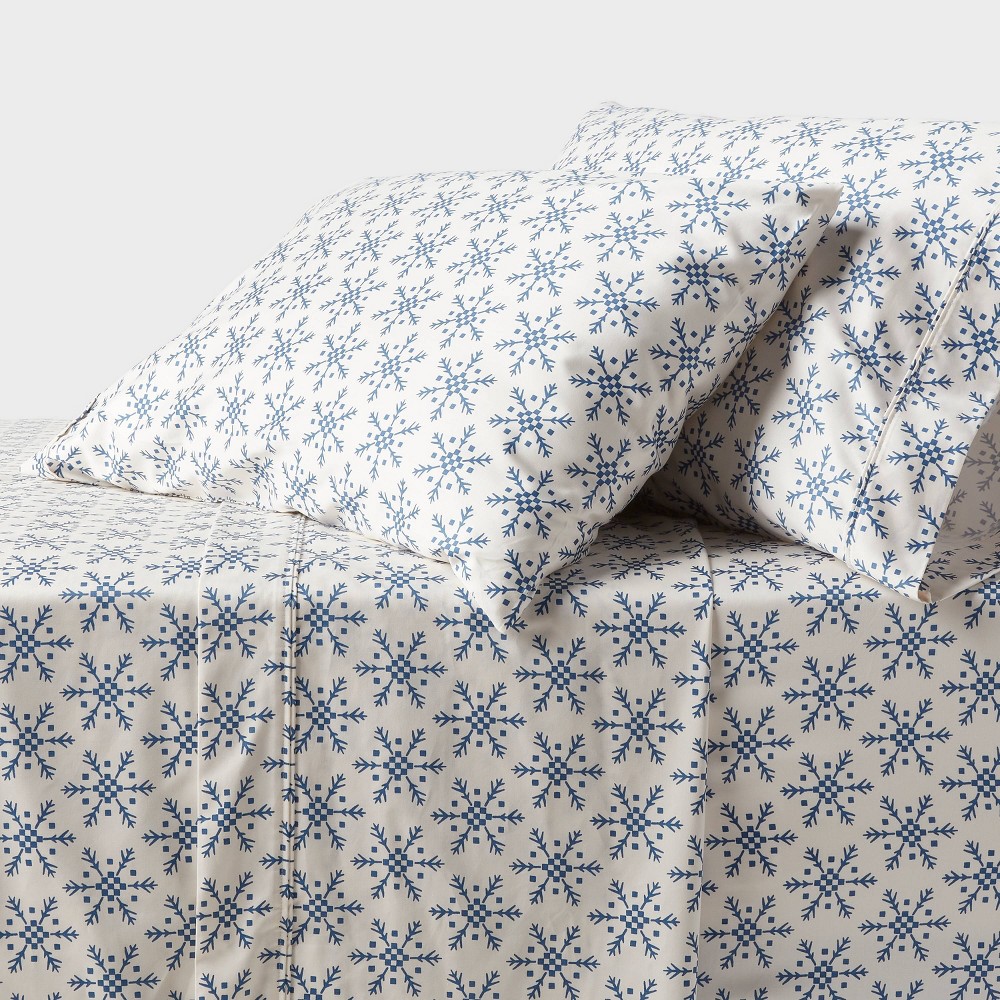 Photos - Bed Linen Full 400 Thread Count Performance Holiday Sheet Set Ivory/Blue Snowflake 