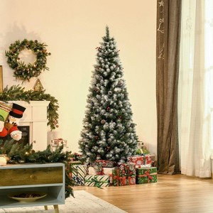 4-7FT Artificial Christmas Tree, PE Deluxe Xmas Tree with Bright Red Berries and Pinecones, Hinged Branches, Metal Stand, Holiday DIY Decoration - 1 of 4