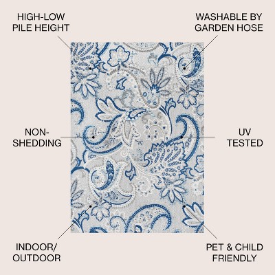 Paisley High-Low Light Gray and Blue Synthetic Indoor/Outdoor Rug