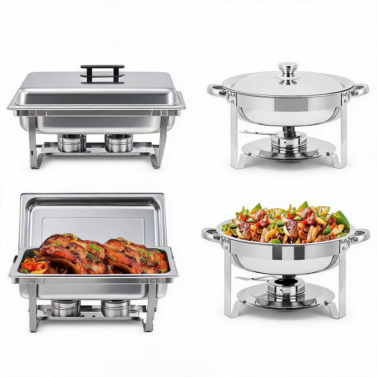 8 Pack Stainless Steel Chafing Dish Set, Includes 8 Qt Rectangle & 5 Qt Round Catering Chafers with Lids, Buffet Food Warmers for Weddings & Events