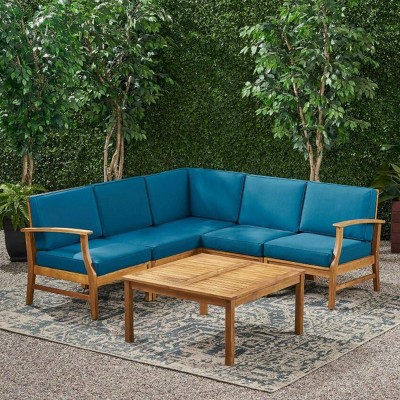 Outdoor Sectional Sofa Set, 5 Seater Acacia Sofa Set with Cushions and Pillows, 6 Pcs Sofa with Wood Frame and PE Cushions-Coolbibila