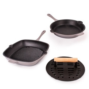 BergHOFF Neo 3Pc Cast Iron Cookware Set, Fry Pan 10", Square Grill Pan 11" & Slotted Steak Press - 1 of 4