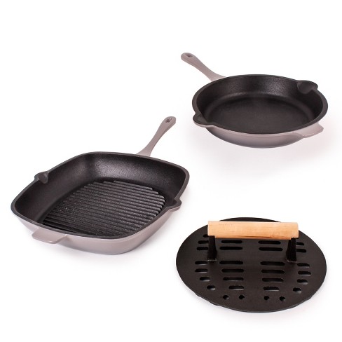BergHOFF Neo 2Pc Cast Iron Set: 11 Grill Pan & With Slotted Steak Press,  White