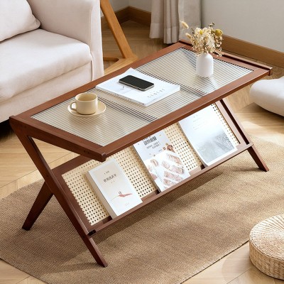 Runesay Mid Century Modern Brown Rattan Coffee Table with Glass Top, Large Boho Center Table with Storage