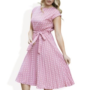 Anna-Kaci Women's Polka Dot Midi Dress with Cap Sleeves Pleated Skirt and Waist Tie Belt - 1 of 4