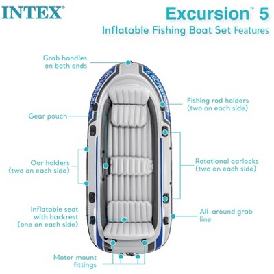 Intex 5-Person Gray Inflatable Fishing Boat Set with Motor