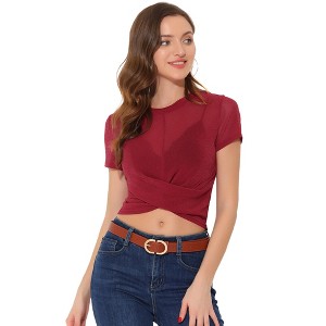 Allegra K Women's Round Neck Short Sleeve Twist Knot Crop Top T-Shirt - 1 of 4