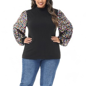 Anna-Kaci Women's Plus Size Sparkle Sequin Sweatshirt Mock Neck Pullover Long Sleeve Glitter Party Tops - 1 of 4