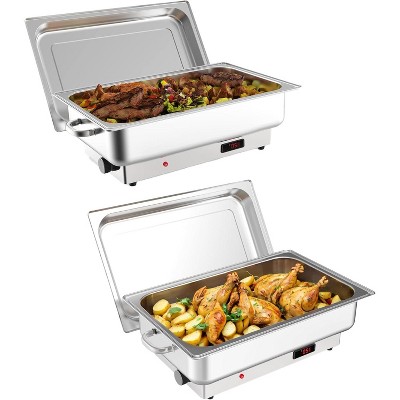2-pack electric chafing dish set, 9QT food warmers stainless steel with temp control display for weddings, parties, and festivals.