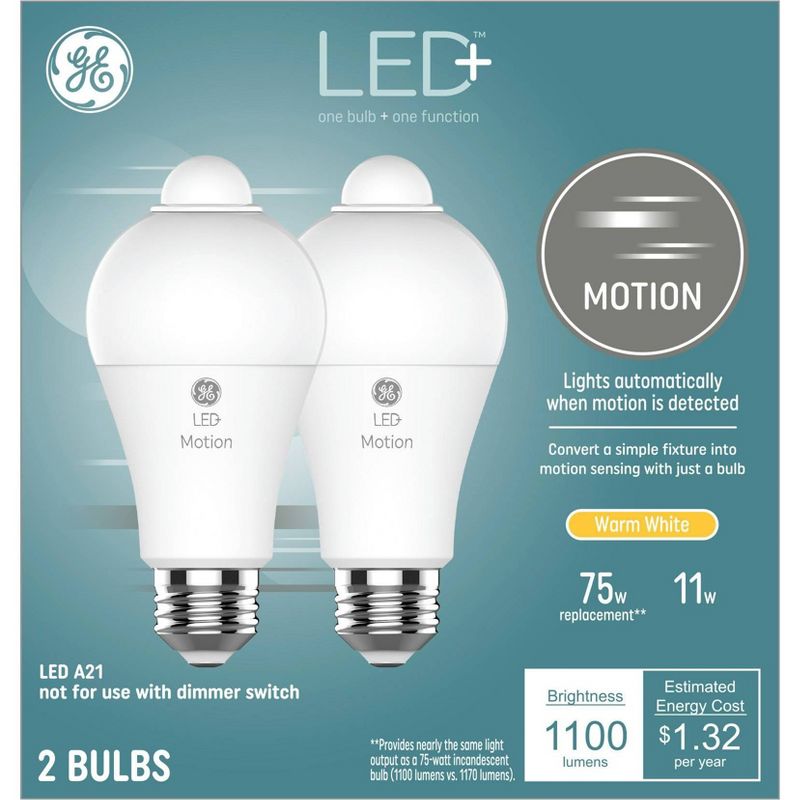 GE 2pk 11 Watts Warm White Medium Base LED+ Motion Sensor Standard Light Bulbs, 4 of 5