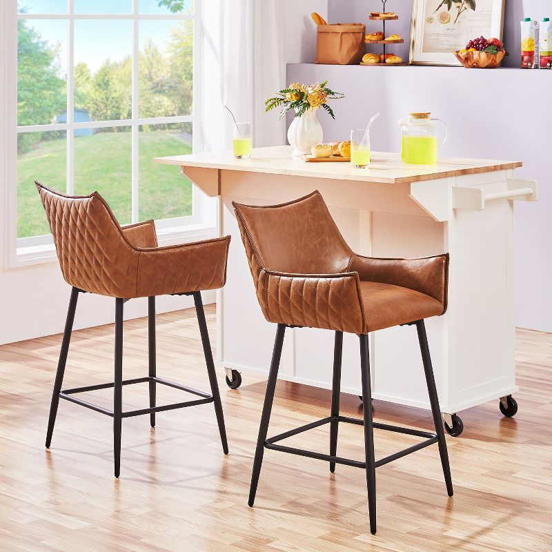 Yaheetech Set of 2 Modern PU Leather Bar Stools with Metal Legs for Kitchen Island Bar Counter, Brown, 2 of 7