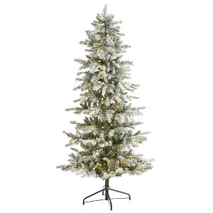 Nearly Natural 6.5-ft Slim Flocked Nova Scotia Spruce Artificial Christmas Tree with 300 Warm White LED Lights and 699 Bendable Branches - 1 of 4