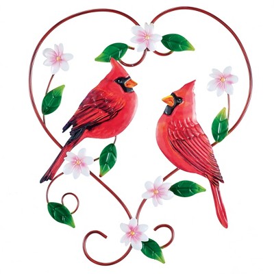 Collections Etc Hand-Painted Cardinal Heart Metal Wall Art Green