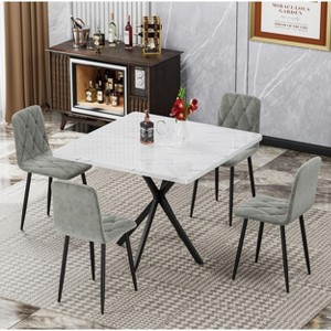 38.60"Square Dining Table Set, Mid Century Modern Square Dining Table for 4 Person, Faux Marble Tabletop, Iron Legs,White+Blue - 1 of 4