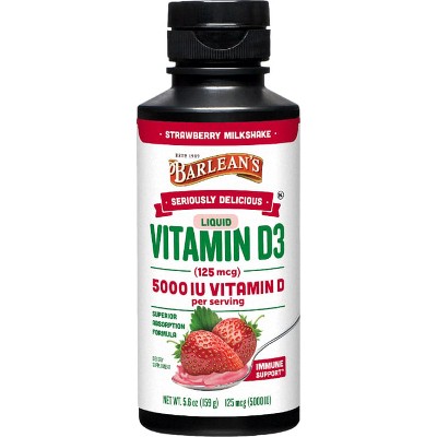 Barlean's Liquidity Vitamin D3 - Strawberry Milkshake 5,000 Iu (125 mcg) 5.6oz Liquid.