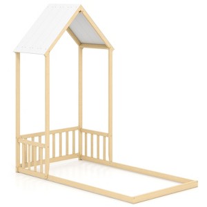 Costway Twin Size House Bed Montessori Floor Bed with House Shape Roof & Semi-Fence Natural/White/Gray - 1 of 1