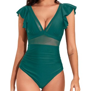 Women's Ruffle Sleeve Swimsuit Summer V Neck Patchwork 1 Piece Swimwear - 1 of 4
