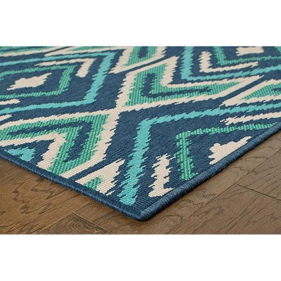 Navy and Green Geometric Synthetic Runner Rug 2.3x7.6