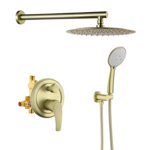 Cobbe Shower Faucet Set with 10-Inch Rainshower Head 5 Settings Hand Shower and 15.74-Inch Shower Arm Single Handle Wall Mount Brushed Gold - 1 of 4