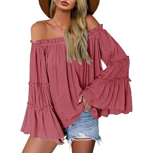 Imily Bela  Womens Off The Shoulder Top Long Bell Sleeve Blouse Loose Fit - 1 of 4