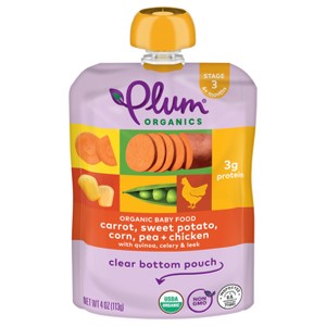 Plum Organics Carrot Sweet Potato Corn Pea & Chicken with Quinoa Celery & Leek Baby Food Pouch - (Select Count) - 1 of 4