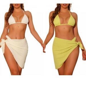 Elerevyo Women's Halter Bikini Sets, Hollow Out Mesh Swimsuits with Sarong Cover Ups Beach Skirt Bathing Suit 3 Pcs 2 Sets - 1 of 4
