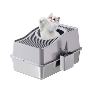 Cat Litter Box With High Sided Lid, Litter Mat & Scoop, Large Cat Litter Tray, Stainless Steel Kitty Litter Tray, Anti-Splashing Ca-t Toilet, Black - 1 of 4