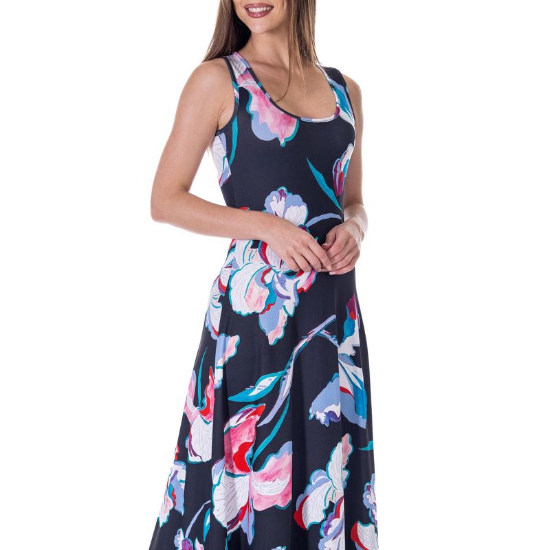 24seven Comfort Apparel Womens Black Floral Print Scoop Neck A Line Sleeveless Maxi Dress, 5 of 7
