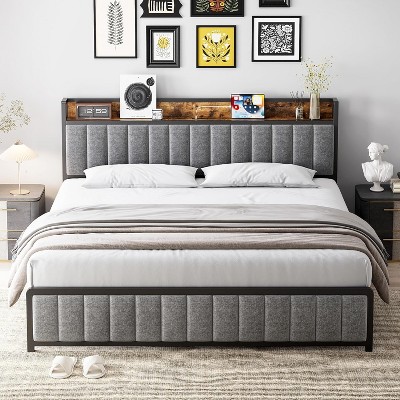 Full Size Bed Frame, Lattice Upholstered Headboard with Storage Shelf, Platform Bed with Charging Station and Outlets, Metal Slats, Noise-Free