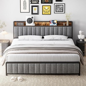 Full Size Bed Frame, Lattice Upholstered Headboard with Storage Shelf, Platform Bed with Charging Station and Outlets, Metal Slats, Noise-Free - 1 of 4