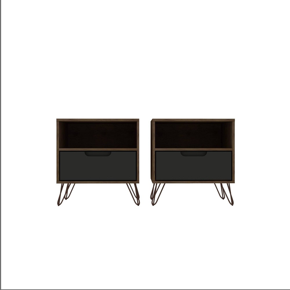 Manhattan Comfort Set of 2 Rockefeller 1 Drawer Nightstands Nature/Textured Gray: Modern Bedroom Storage Furniture