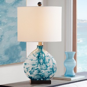 Maxax Blue Glass Table Lamp,Artistic Desk Lamp for Bedroom Nightstand, Living Room, Home Office,White Linen Shade, E26 Base, 3-Way 100W - 1 of 4