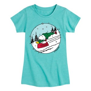 Girls' - Peanuts - Snoopy Woodstock Sled Fitted Short Sleeve Graphic T-Shirt - 1 of 4