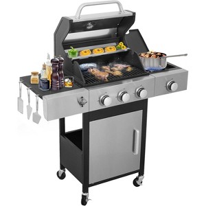 Zevemomo 3 Burner Gas Grill with Side Burner,Dual-sided Frying Plate,Thermometer,Wheels,Side Tables,37,230 BTU Outdoor Grill for Patio, Garden,Balcony - 1 of 4
