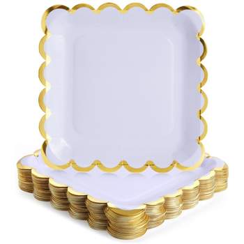 Sparkle and Bash 48 Pack Purple Paper Plates for Party, Scalloped Gold Border, 9 in