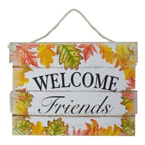Northlight 16” Autumn Leaves Welcome Friends Wooden Hanging Wall Sign - 1 of 4