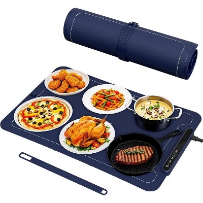 ZAFRO Warming Mat for Food, 3-Temp Electric Warmer (140/176/212°F), 250W Low Energy, Auto Shut-Off & Child Safety Lock, Portable Roll-Up Silicone,Blue