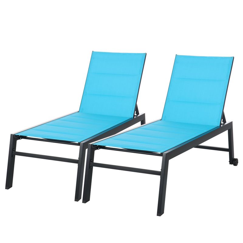 Outsunny Chaise Lounge Outdoor Pool Chair Set of 2 with Wheels, Five Position Recliner for Sunbathing, Suntanning, Breathable Fabric, Blue, 4 of 7