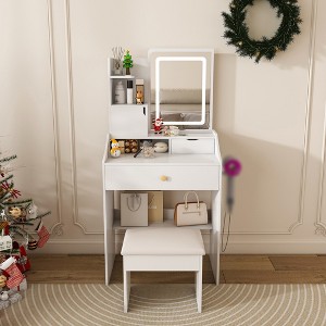 Makeup Vanity Desk with 3-Color LED Mirror & Stool Set, Small Dressing Table for Bedroom with Storage Drawers (White) - 1 of 4