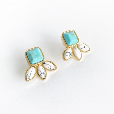 Sanctuary Project Semi Precious Turquoise and White Howlite Three Stone Stud Earrings Gold