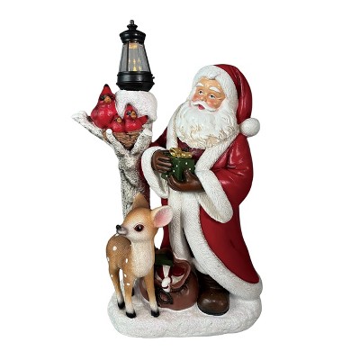 Transpac Resin Light Up Santa Figurine with Cardinal and Deer Decorative Object for Christmas Tabletop Battery Operated Prelit Indoor Use Holiday