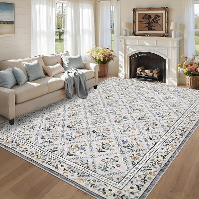 Soft Washable Floral Area Rug – Ultra-Thin, Stain-Resistant, Non-Slip, Non-Shedding Accent Carpet for Living Room, Bedroom, Dining Room, Office