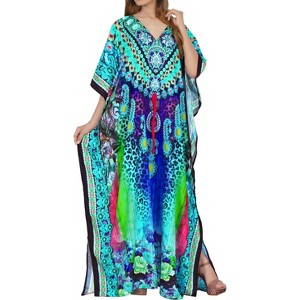 LA LEELA Women's Maxi Plus Size Long Slit Caftan Dresses One Size Sky Animal - 1 of 4