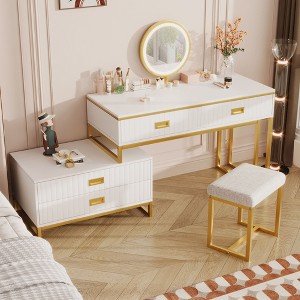Okak Modern Vanity Set with 3-Color LED Mirror & Rolling Cart, 4-Drawer Makeup Desk, Gold Metal Frame for Salon/Bedroom, Gold+White - 1 of 4