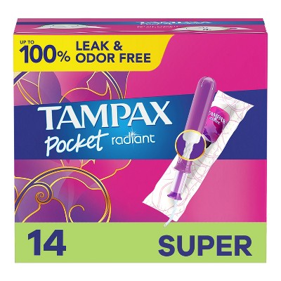 Tampax Pocket Radiant Compact Plastic Tampons, With LeakGuard Braid, Super Absorbency, Unscented, 14 Count